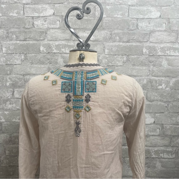 Johnny Was Biya Cream and Blue Mixed Print Long Sleeve Tunic - Picture 12 of 13